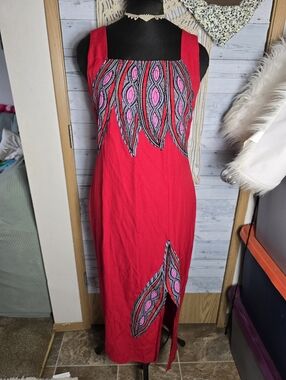 Vtg Bold Maximalist Sleeveless Red Boho Midi Dress